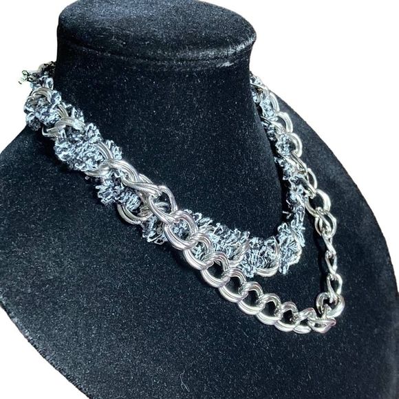 NWT New York & Company Layered Chain-Link Fringe Statement Necklace Silver - Picture 8 of 9